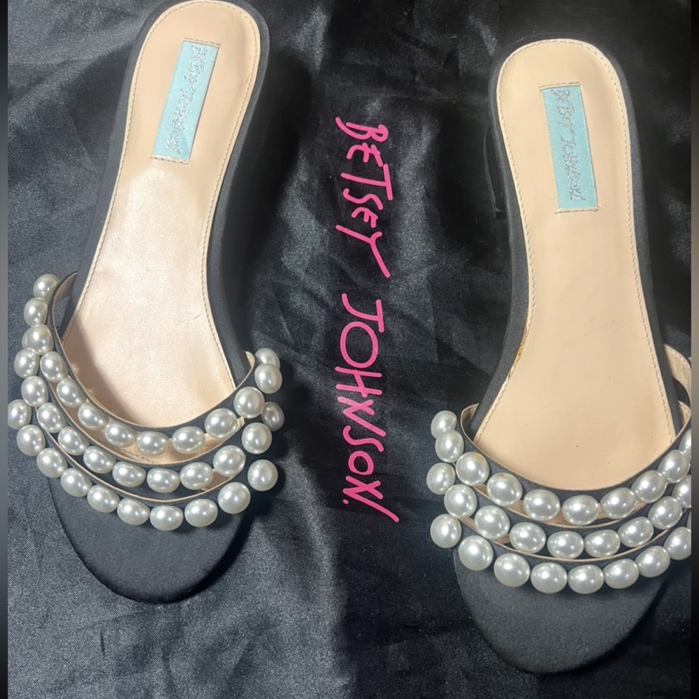 Betsey Johnson Black Sandals/ Mules with Pearl Accents